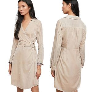 Maeve Womens Wrap Shirt Dress Beige Velvet Long Sleeve Flip Cuff Lined Collar 8